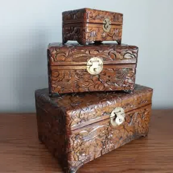 Hand-Carved Floral Wood Nesting Boxes - Brown - Picture 5 of 16